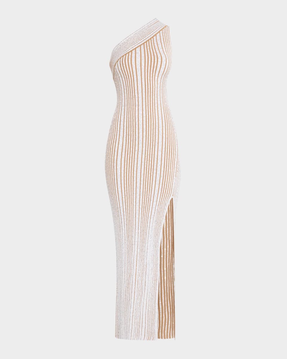 Paillette Stripe Rib One-Shoulder Maxi Dress